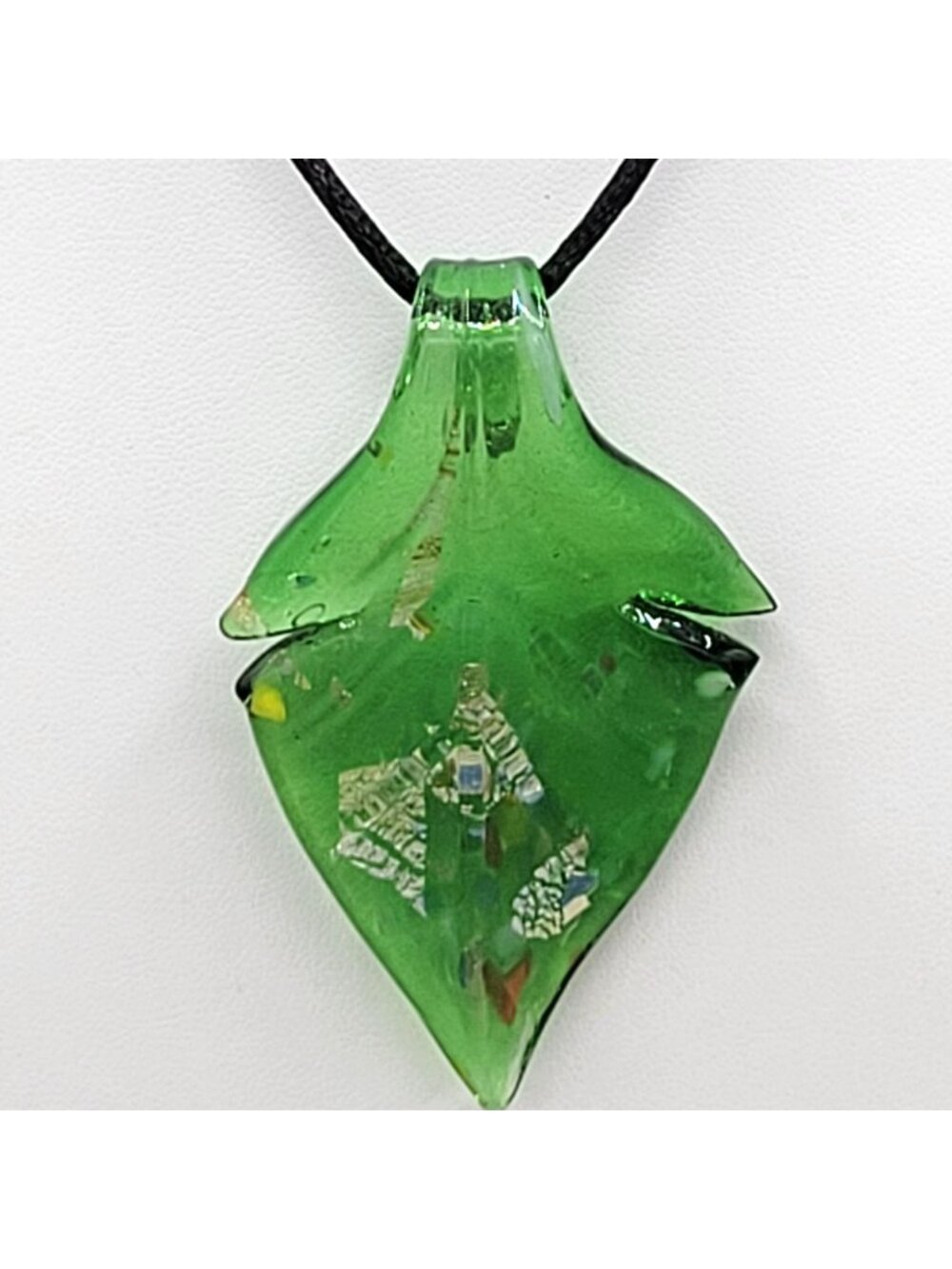 Teardrop Art Glass Pendant Necklace Green Leaf Design Shimmering Silver Accents